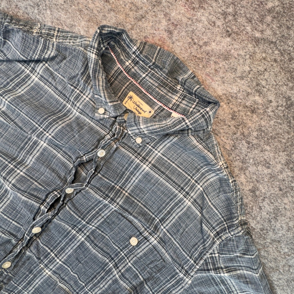 Weatherproof Vintage Mens XXL Blue Plaid Linen Cotton Short Sleeve Button Down